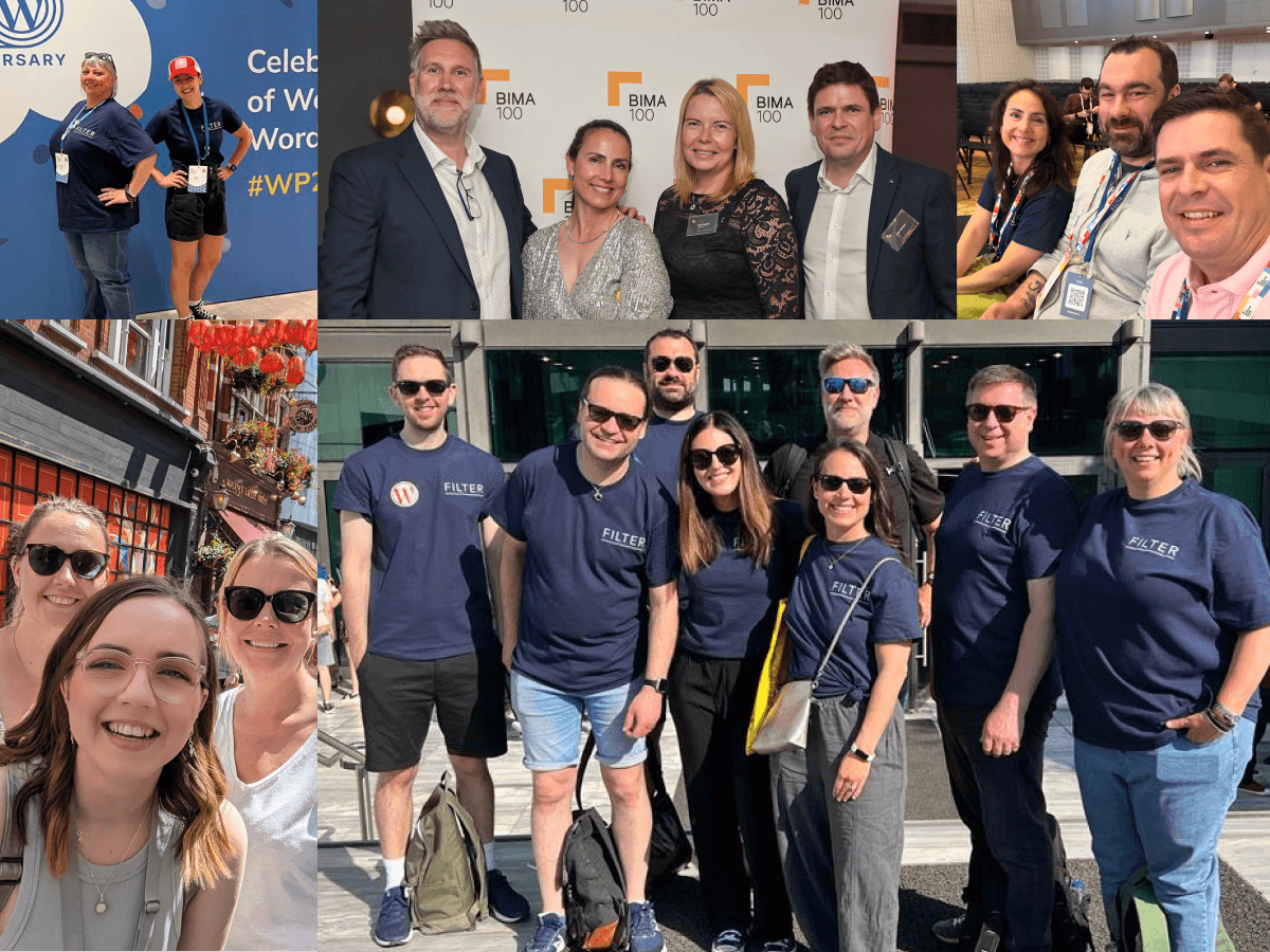 A collage of professionals enjoying time together at an event, featuring smiling individuals in various settings, including group photos outside and at a conference. The atmosphere reflects collaboration and connection among attendees.