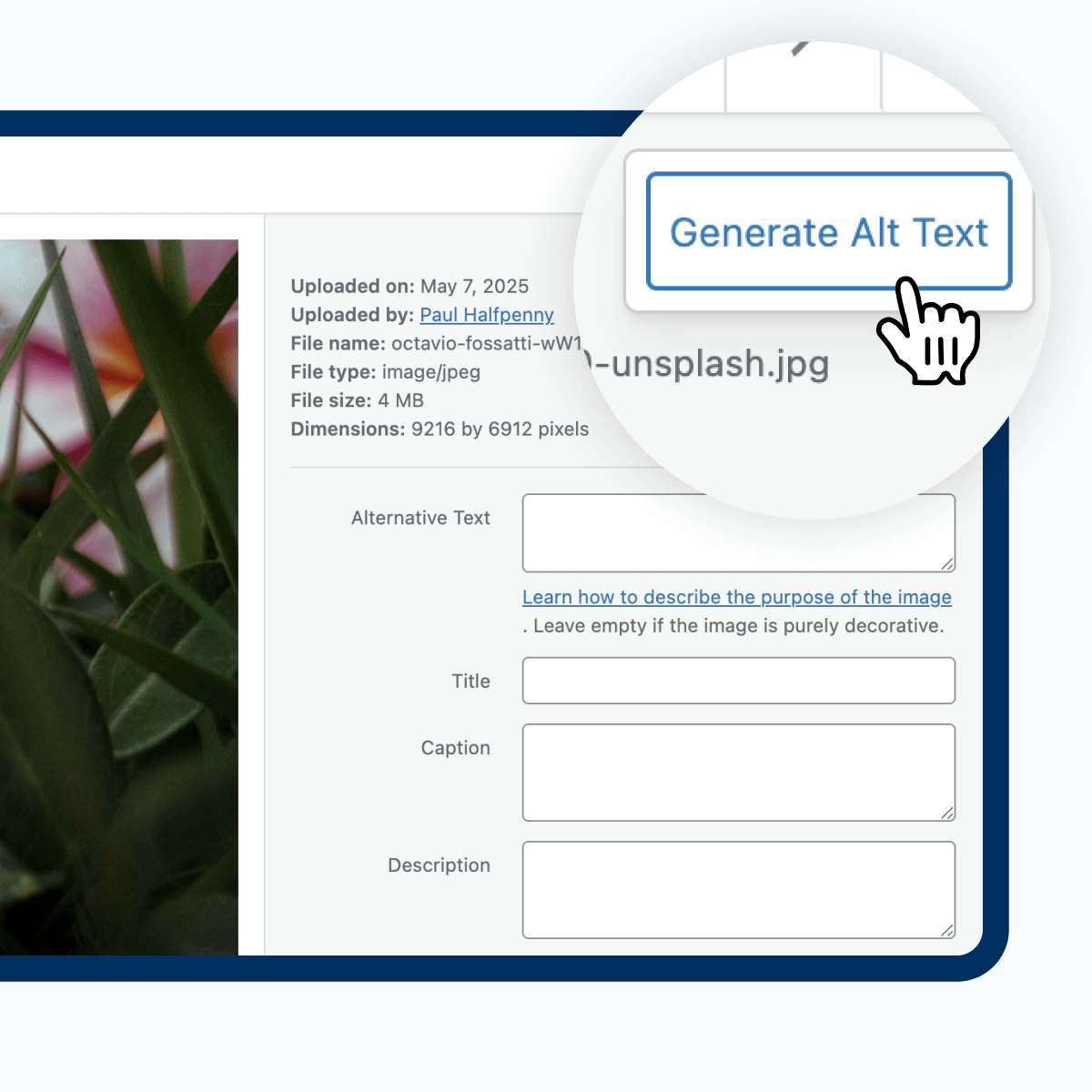 An interface displaying an image upload section, featuring fields for alternative text, title, caption, and description. A cursor hovers over the "Generate Alt Text" button, indicating functionality for creating accessible descriptions for visual content.