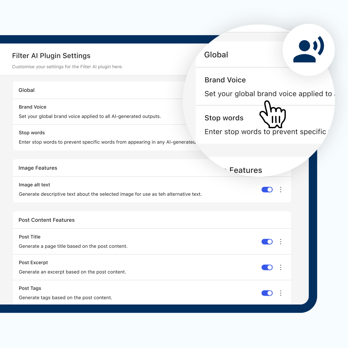 A digital interface displaying settings for a Filter AI plugin. Key features include options to set brand voice, manage stop words, and configure image attributes, enhancing user experience through personalised adjustments. A cursor icon indicates active interaction with the settings.