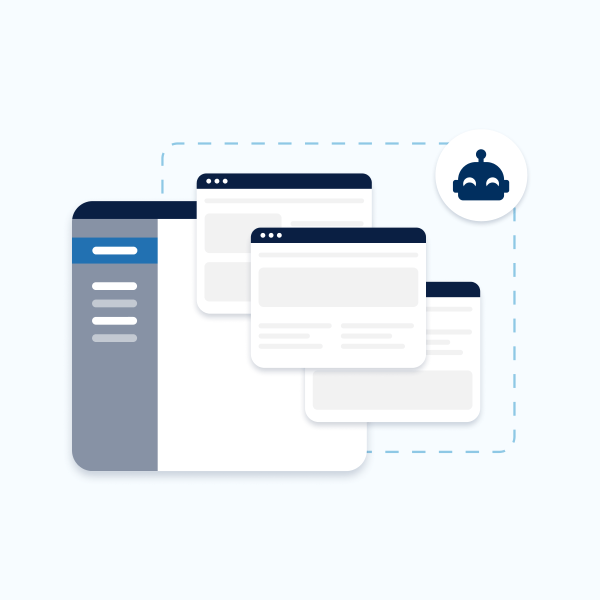 An illustration depicting multiple web browser windows, showcasing a clear interface with various sections. This design represents efficient digital navigation and user experience, emphasising optimisation and collaboration in online interactions.