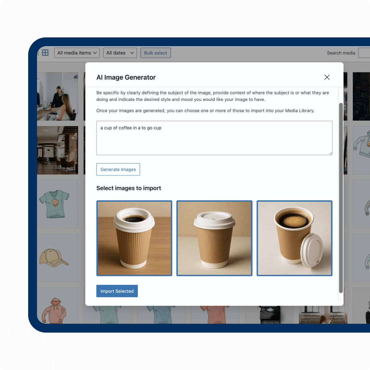 An interface displaying the AI Image Generator with three coffee cup images for selection. The cups vary in design, showing two with lids and one without, set against a light background.