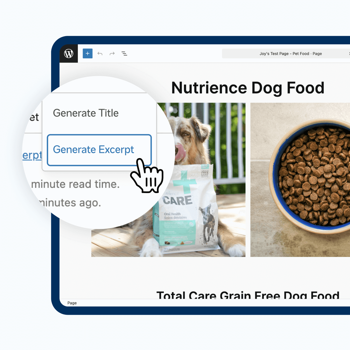 A digital interface showcases the Nutrience Dog Food page on a website, featuring a dog food package and a bowl of kibble. Options to generate a title and excerpt are displayed prominently, highlighting the editing features available for content management.