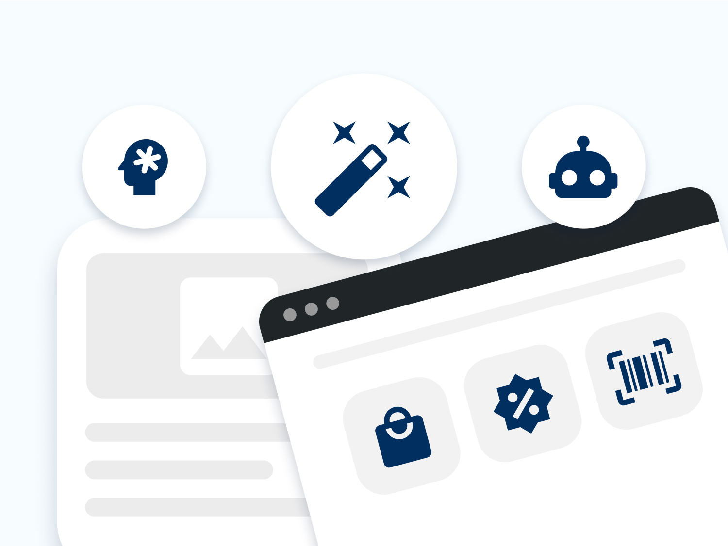 An illustration depicting a digital interface with icons representing creativity, automation, and efficiency. The design features a brain symbol, a magic wand, and a robot, suggesting innovative solutions for enhancing performance and productivity in digital tasks.