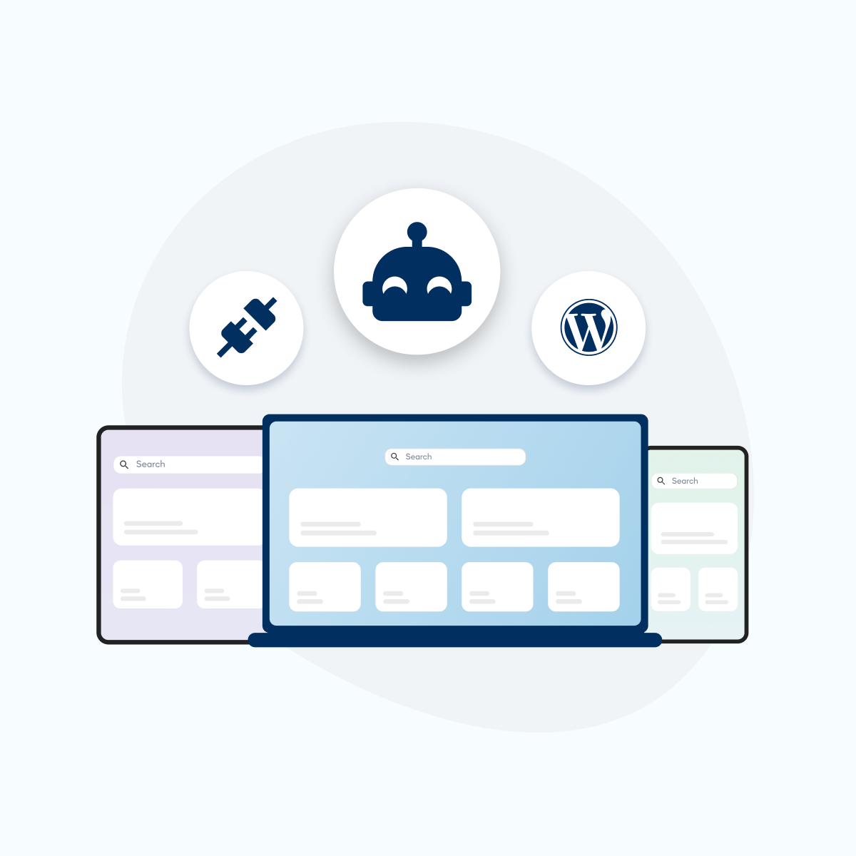 An illustration featuring multiple devices displaying a user interface, alongside icons representing a robot, a WordPress logo, and a wrench symbol, signifying a collaborative approach to optimising digital experiences.