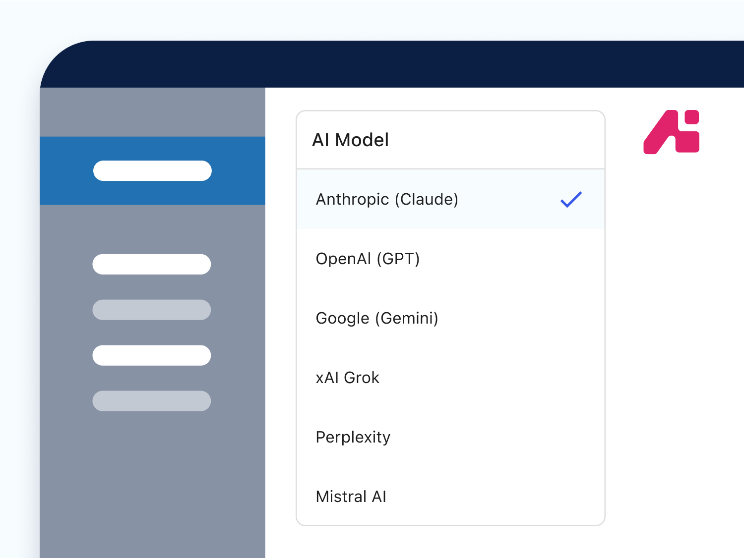 An interface displaying various AI model options, including Anthropic Claude, OpenAI GPT, Google Gemini, and others. The menu allows users to select their preferred AI model for utilisation.