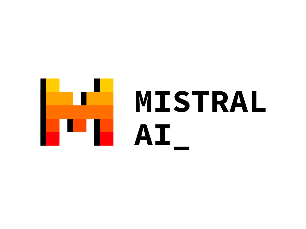 Logo of Mistral AI featuring a stylised letter 'M' in vibrant orange and yellow hues alongside the text "MISTRAL AI_" in black. The design conveys a modern and innovative feel, representing the brand's focus on artificial intelligence solutions.