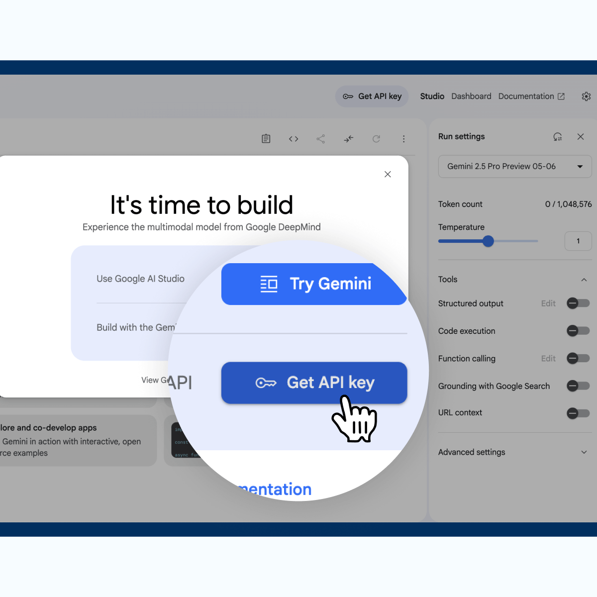 A user interface showing a prompt to build using Google DeepMind's Gemini model. The options include "Try Gemini" and "Get API key," with a pointer highlighting the "Get API key" button. The background features settings and additional documentation options.
