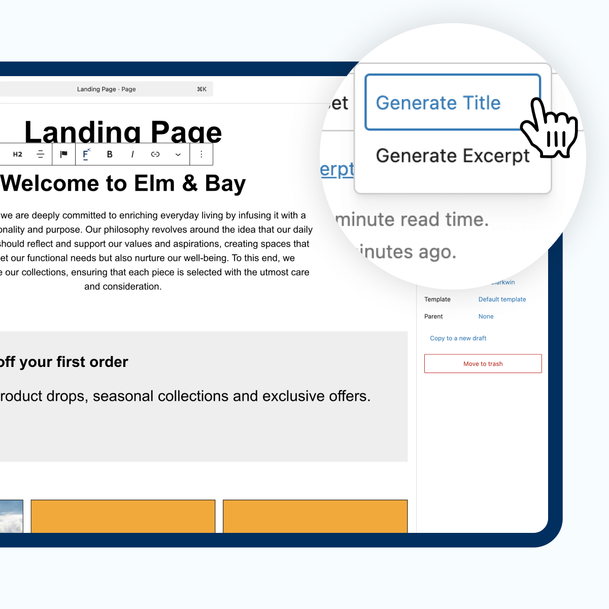 An interactive dashboard displays a landing page for Elm and Bay, featuring a welcome message and options to generate a title and excerpt. The page highlights offers, product drops, and seasonal collections, creating an engaging experience for users.