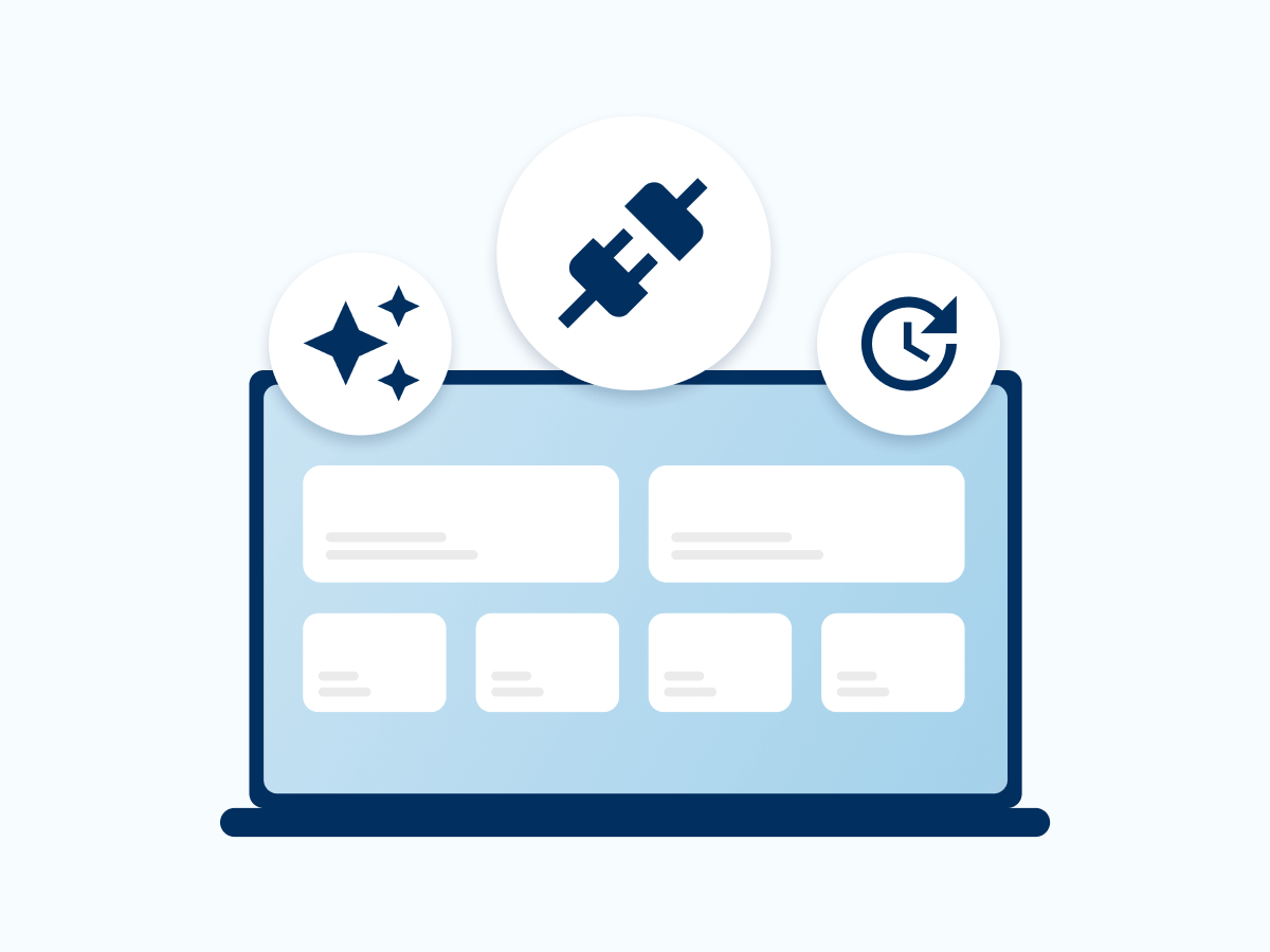 An illustration of a computer screen featuring icons that represent enhancement and optimisation tools. The icons include a sparkling star, a wrench symbol, and a clock, indicating a focus on improving performance and efficiency in digital tasks.