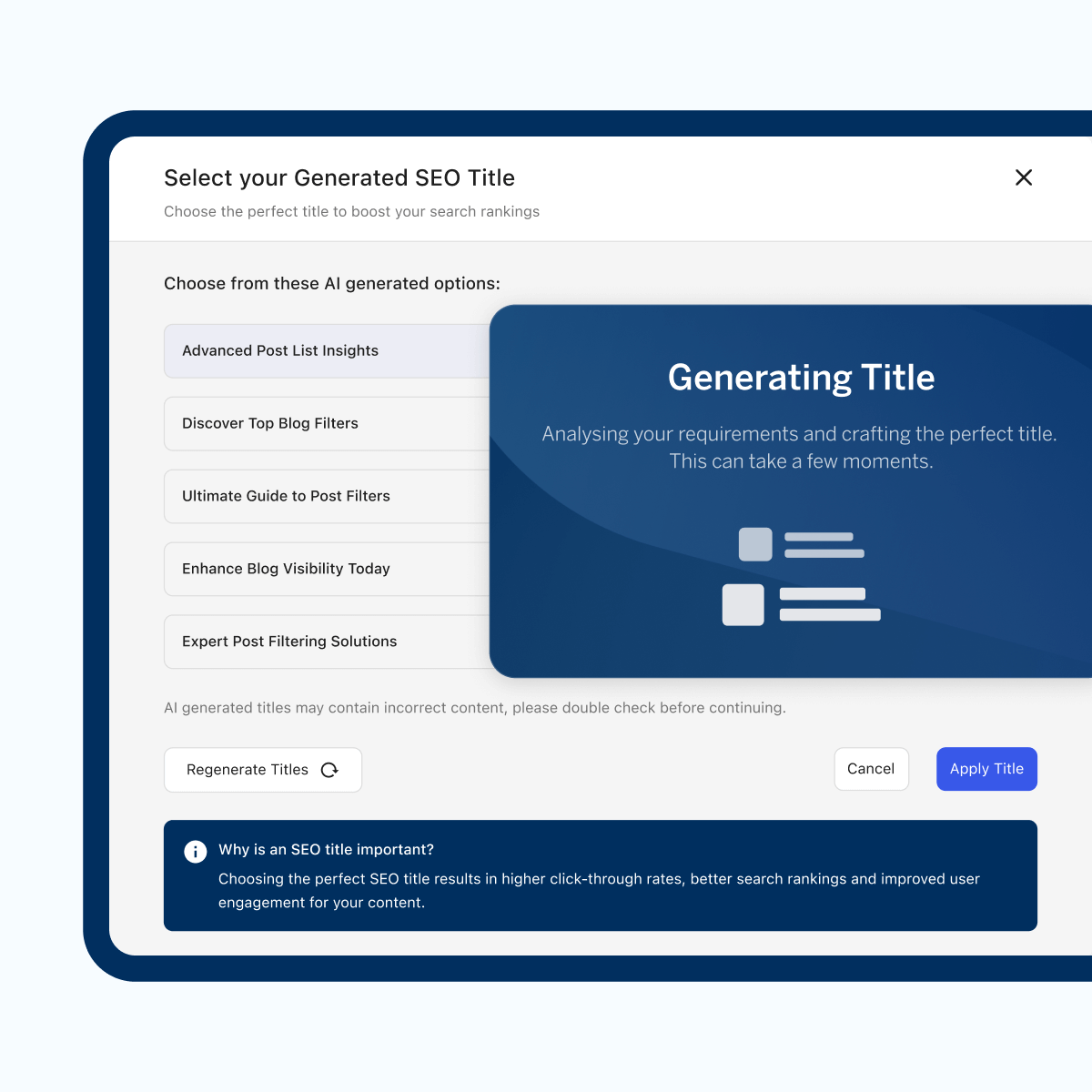 A user interface displaying options for generating an SEO title. It includes a banner indicating the system is analysing requirements and crafting the perfect title, along with a list of suggested features and a prompt to apply the selected title.