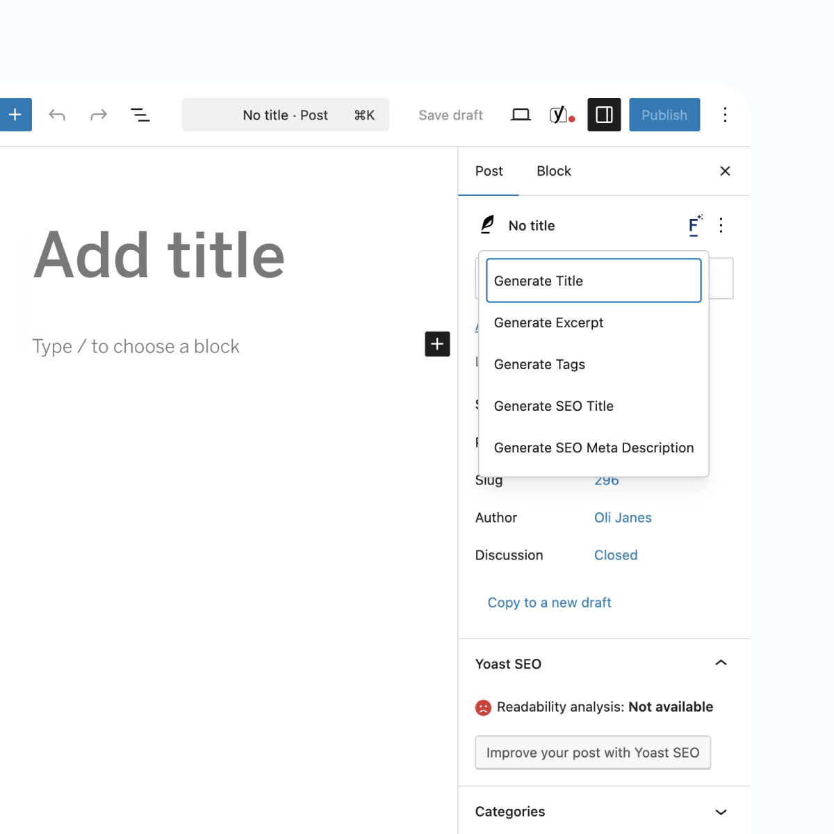 A screenshot of a content management interface displaying options to add a title and generate various elements, including tags and SEO descriptions. The layout features a clean design with a prominent "Add title" section and menu for managing post details.