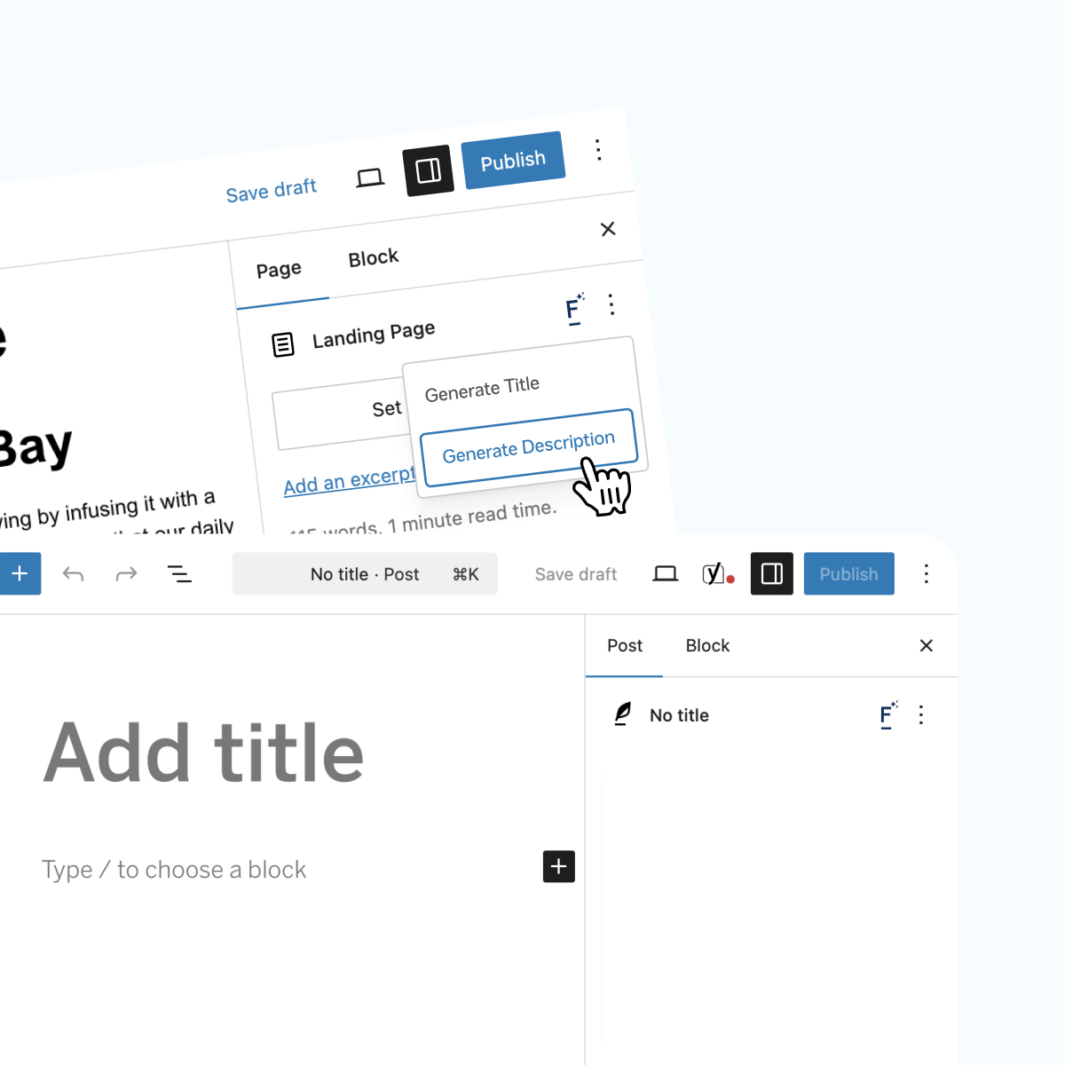 A computer screen displaying a content editing interface with options to save drafts, generate a title, and create a description for a landing page. The focus is on the input field labelled "Add title" and the "Generate Description" button being selected.