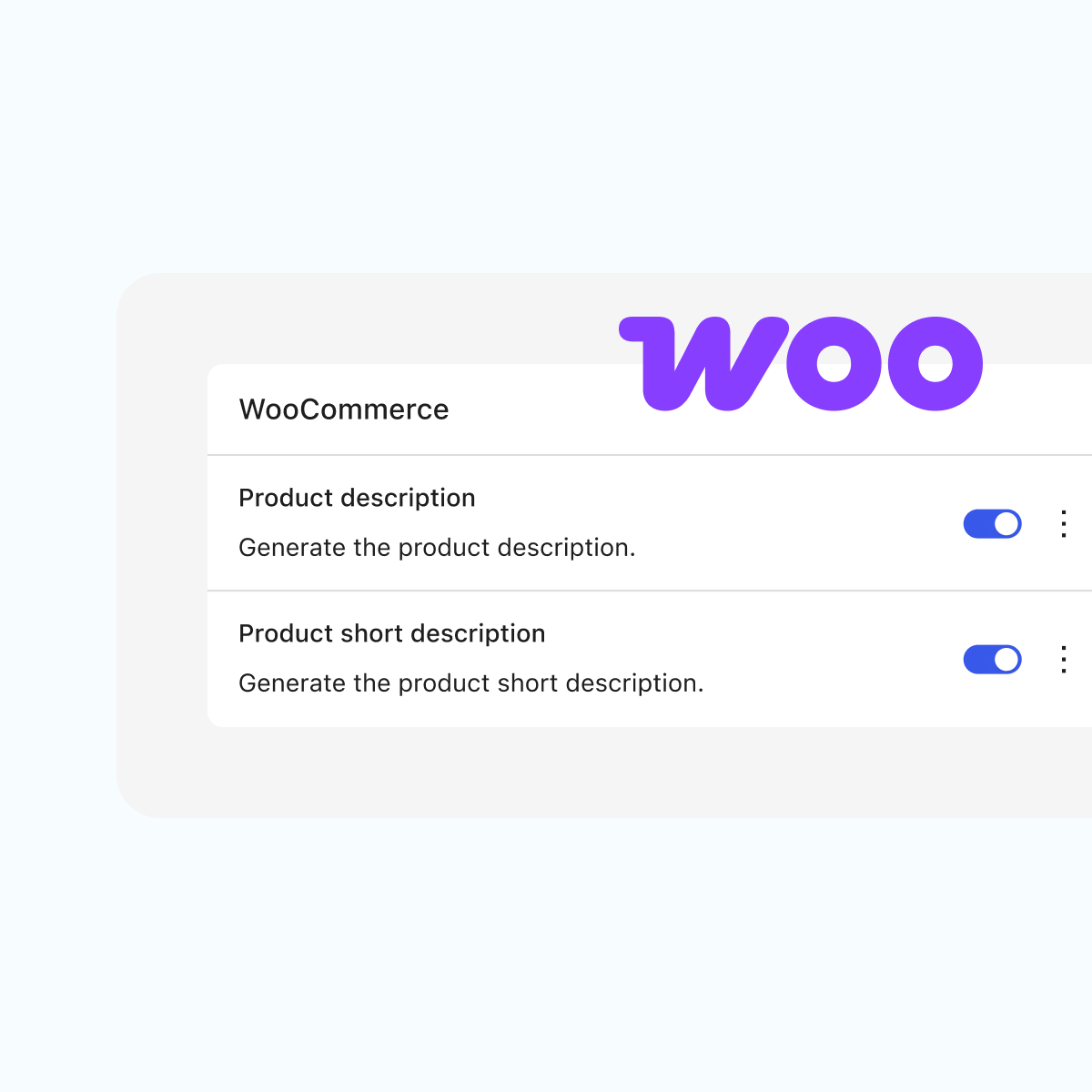 An interface showing WooCommerce options for generating product descriptions and short descriptions, featuring toggle switches for functionality. The design includes a prominent "Woo" logo in purple against a light background.