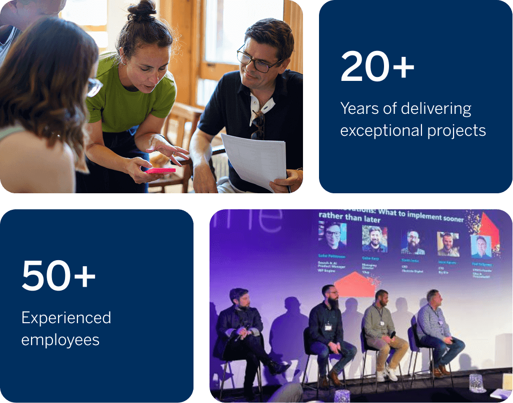 A professional team collaborates in a meeting, demonstrating over 20 years of delivering exceptional projects, supported by a workforce of more than 50 experienced employees. The background features a panel discussion at a conference, showcasing expertise in a dynamic environment.