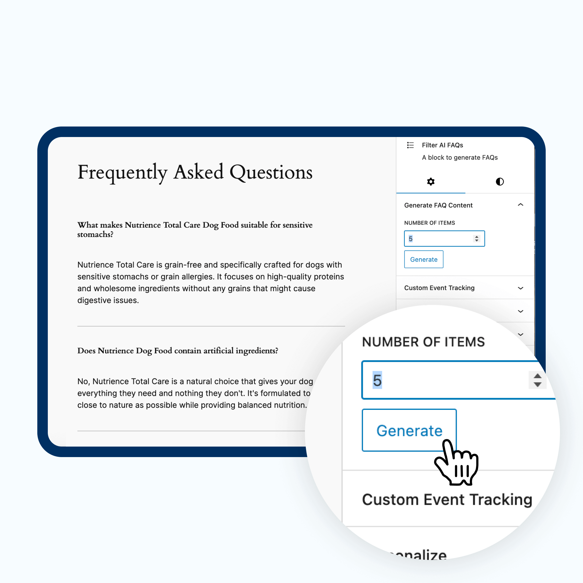The image shows a Frequently Asked Questions section about dog food, with a close-up of a box highlighting a "Generate" button and an input field for the number of items, emphasising user interaction with the content.