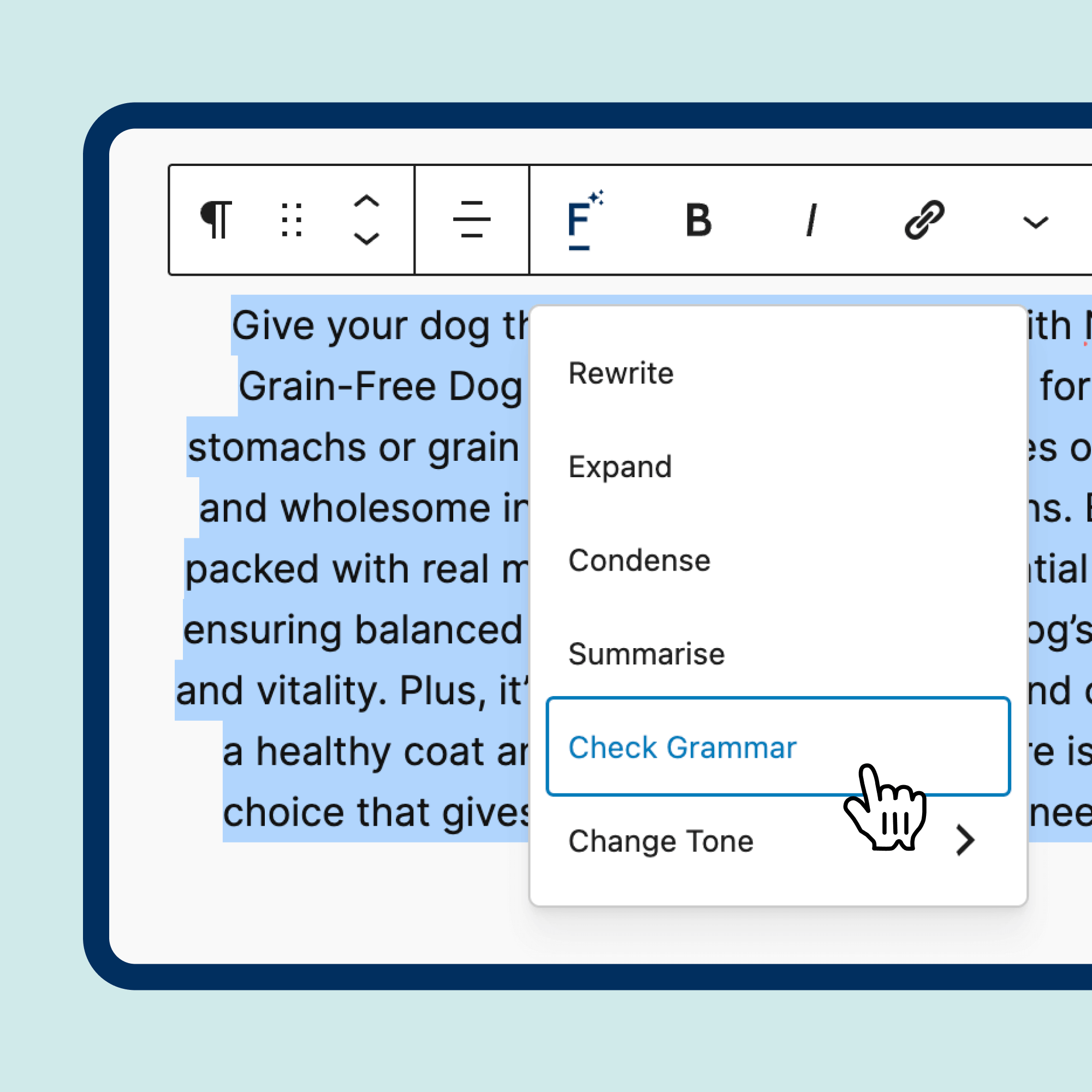 Text editing interface showing text highlight with a dropdown menu offering options like rewriting and grammar checking.