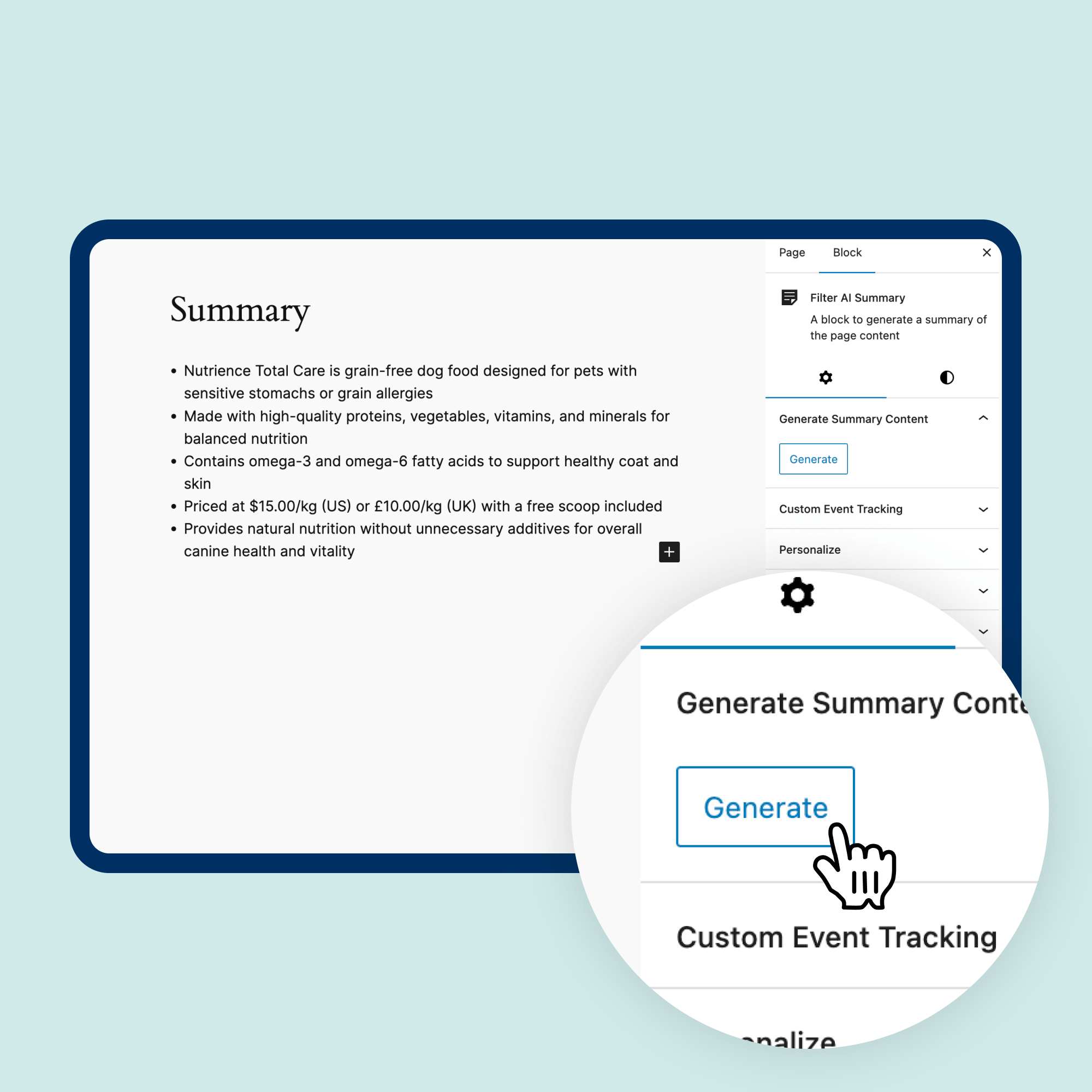 A digital interface displays a summary about pet food, highlighting its natural formulation and benefits. A magnified cursor clicks the "Generate" button, suggesting an automated content feature. The interface includes options for custom event tracking and PersonalizeWP enhancements.